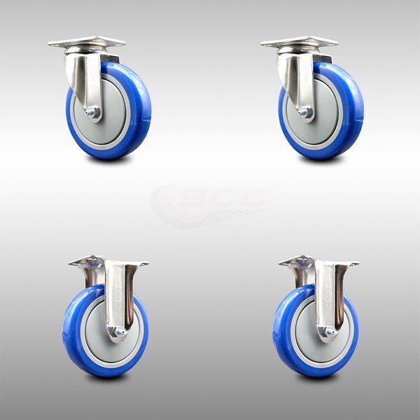 Service Caster 5 Inch 316SS Blue Polyurethane Wheel Swivel Top Plate Caster Rigid SCC, 2PK SCC-SS31620S514-PPUB-BLUE-2-R-2 - main